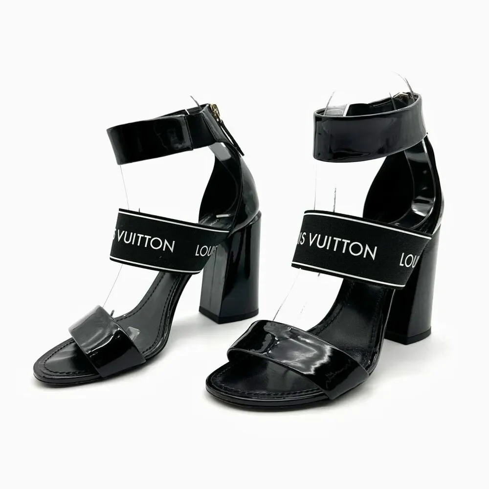 LOUIS VUITTON Trail Black Patent Leather Logo Sandal Size 37 Block Heel